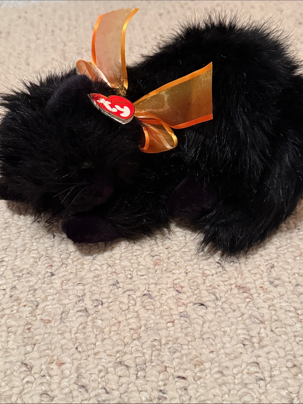 Ty Black Plush Cat with Orange Ribbon Bow